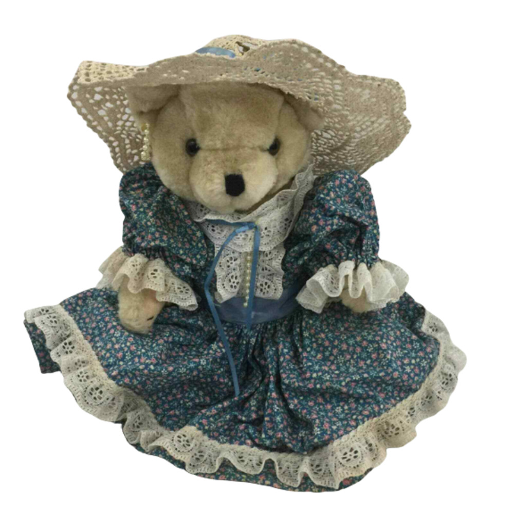 VTG Plush Teddy Bear Victorian Lace Hat Dress Old Fashioned Grandma Bear Doll
